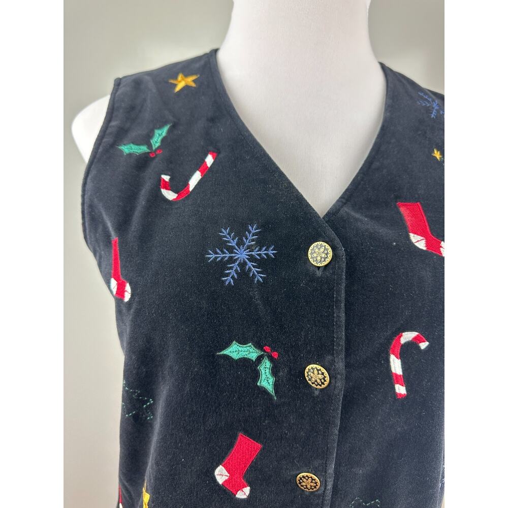 Talbots Christmas Themed Black Velvet Lined Button Up Vest Holiday Print Large - Picture 4 of 14